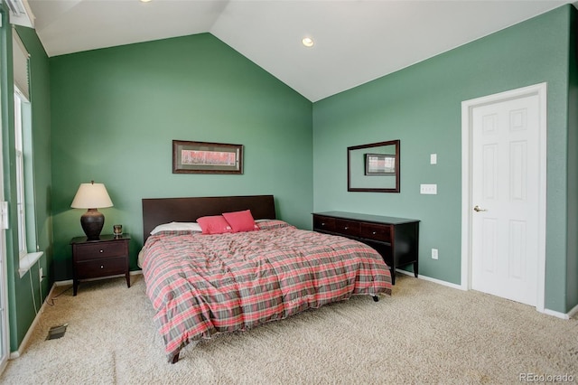 bedroom featuring vaulted ceiling, light carpet, recessed lighting, and baseboards