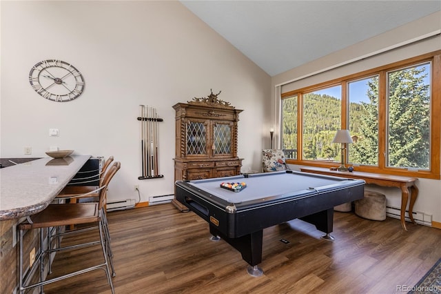 22300 US Highway 6 Unit 1746, Dillon, CO 80435 - recreation room with wood finished floors, high vaulted ceiling, baseboard heating, and pool table