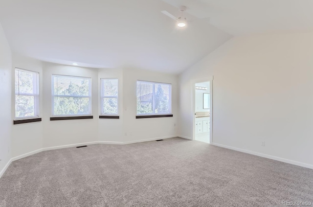 carpeted spare room featuring a healthy amount of sunlight and vaulted ceiling