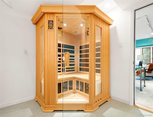 view of sauna with recessed lighting and baseboards