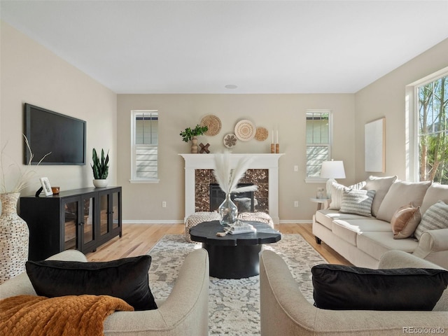 41 Garner Ln, Erie, CO 80516 - living room featuring light wood finished floors, a high end fireplace, and baseboards