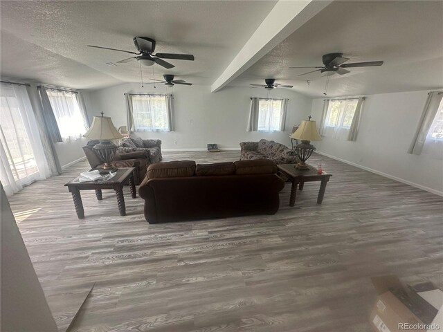 living room with a healthy amount of sunlight, a textured ceiling, lofted ceiling, and wood finished floors