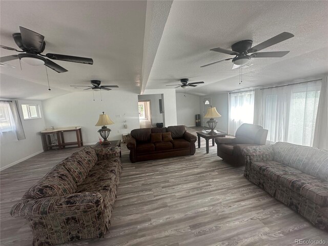 living area featuring a wealth of natural light, baseboards, a textured ceiling, and wood finished floors