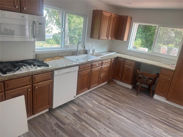 kitchen with white appliances, a healthy amount of sunlight, wood finished floors, and a sink