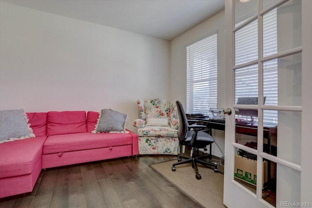 office with dark hardwood / wood-style flooring