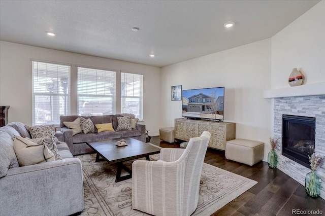 living room with a stone fireplace and dark hardwood / wood-style floors