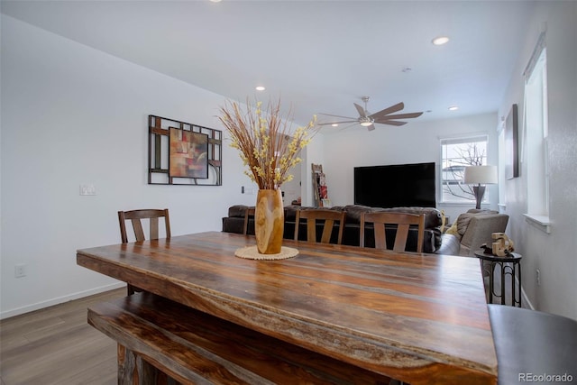 dining space with light hardwood / wood-style flooring and ceiling fan