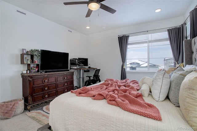 bedroom featuring a ceiling fan, recessed lighting, and visible vents