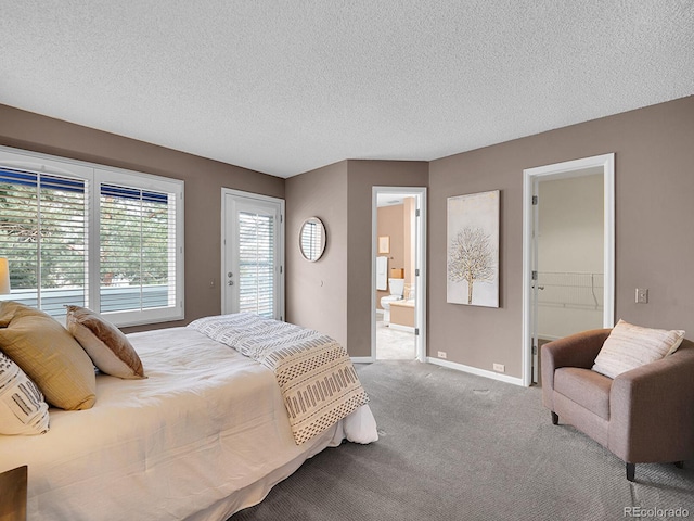 carpeted bedroom featuring connected bathroom, baseboards, and a textured ceiling