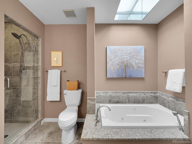 full bath with visible vents, toilet, a stall shower, a jetted tub, and tile patterned floors