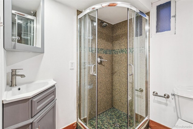 bathroom with toilet, vanity, and a shower stall