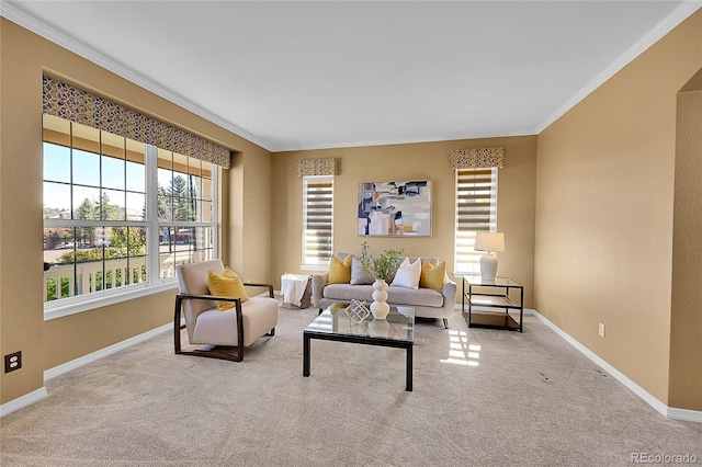 living room featuring light colored carpet and ornamental molding