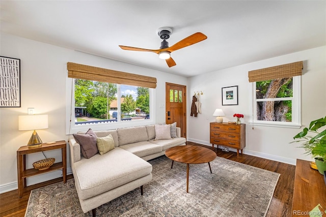 2535 S Julian St, Denver, CO 80219 - living area featuring a ceiling fan, baseboards, and wood finished floors