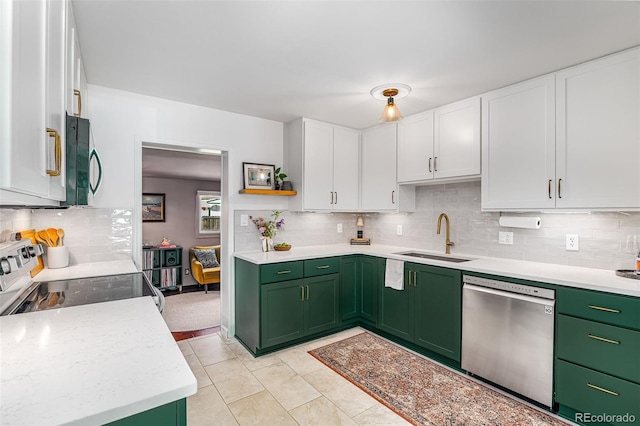 2535 S Julian St, Denver, CO 80219 - kitchen with green cabinets, stainless steel dishwasher, a sink, white cabinets, and electric range
