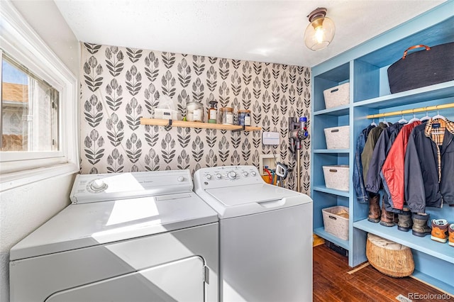 2535 S Julian St, Denver, CO 80219 - laundry room featuring washing machine and dryer, dark wood-style floors, and wallpapered walls