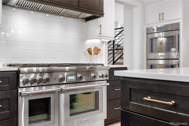 kitchen with white cabinets, stainless steel appliances, tasteful backsplash, and premium range hood