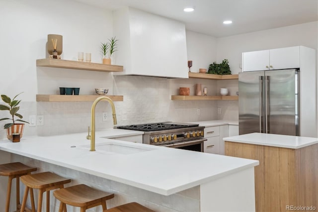 2844 Quitman St, Denver, CO 80212 - kitchen featuring open shelves, premium appliances, a sink, tasteful backsplash, and recessed lighting