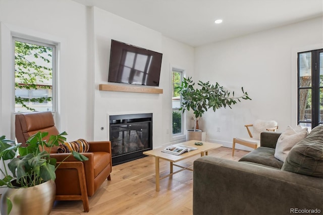 2844 Quitman St, Denver, CO 80212 - living room featuring healthy amount of natural light, light wood-type flooring, a glass covered fireplace, and recessed lighting
