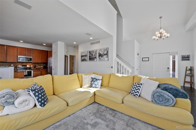 living room featuring an inviting chandelier