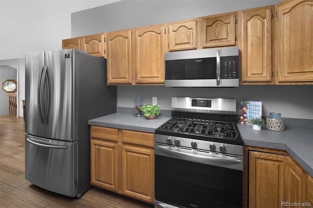 32252 Steven Way, Conifer, CO 80433 - kitchen featuring stainless steel appliances, dark wood-style flooring, and dark countertops