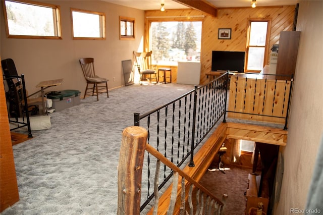 stairs with beam ceiling, wood walls, and carpet flooring