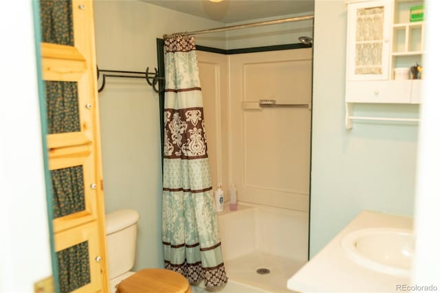 bathroom featuring curtained shower, toilet, and a sink