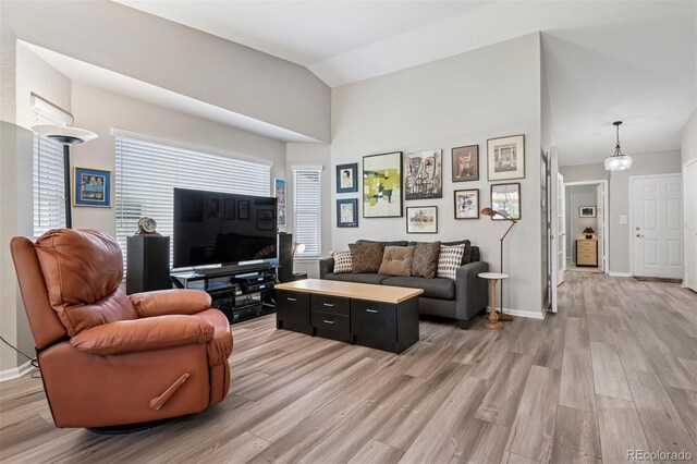 9747 W Peakview Dr, Littleton, CO 80123 - living area with light wood-type flooring and lofted ceiling