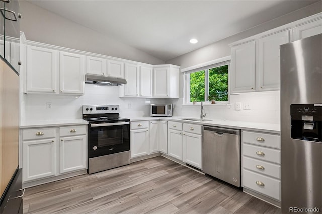 9747 W Peakview Dr, Littleton, CO 80123 - kitchen featuring appliances with stainless steel finishes, under cabinet range hood, lofted ceiling, backsplash, and light countertops