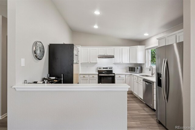 9747 W Peakview Dr, Littleton, CO 80123 - kitchen featuring stainless steel appliances, under cabinet range hood, wood finished floors, lofted ceiling, and white cabinets