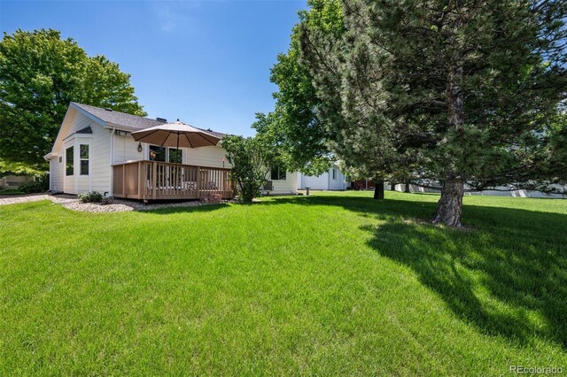 9747 W Peakview Dr, Littleton, CO 80123 - view of green lawn with a deck