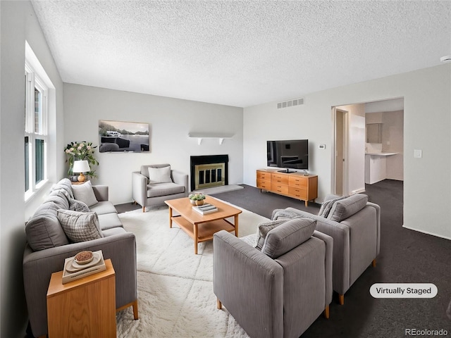 living room with a textured ceiling