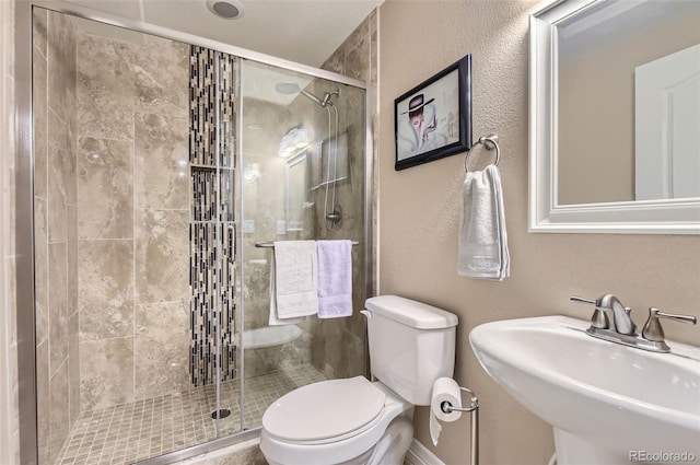 full bathroom featuring toilet, a shower stall, and a sink