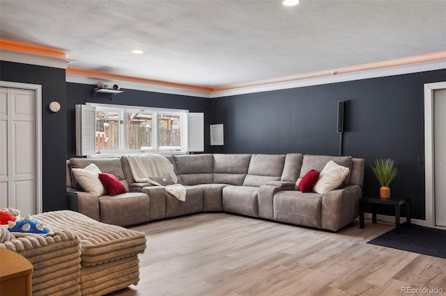 living room featuring ornamental molding, a textured ceiling, and light hardwood / wood-style flooring