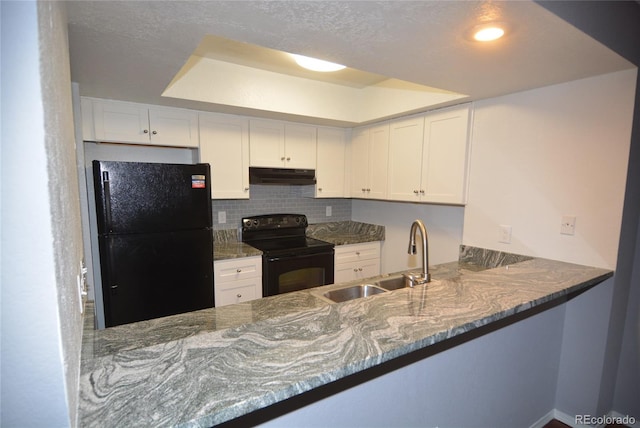 kitchen with sink, decorative backsplash, kitchen peninsula, white cabinets, and black appliances