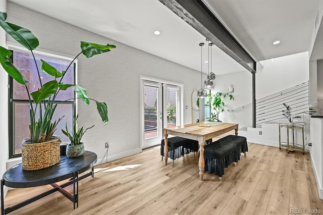 2565 Champa St, Denver, CO 80205 - dining area with light wood-type flooring, french doors, and recessed lighting
