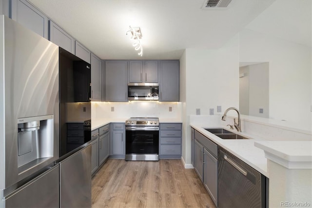 kitchen featuring sink, gray cabinets, stainless steel appliances, and kitchen peninsula