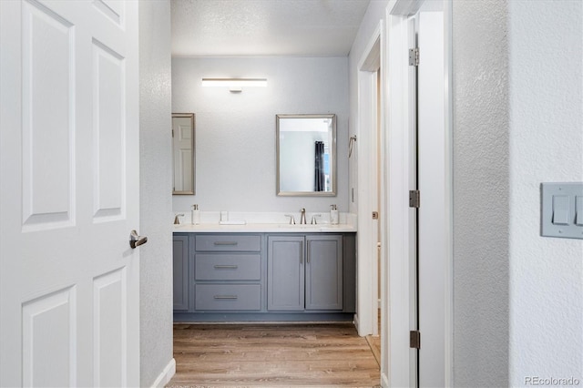 bathroom with vanity, hardwood / wood-style floors, and a textured ceiling