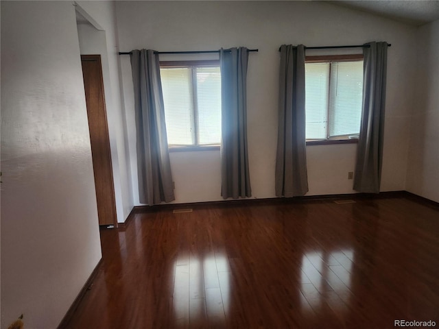 unfurnished room with wood finished floors, a wealth of natural light, and vaulted ceiling