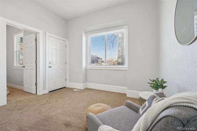 living area with light colored carpet