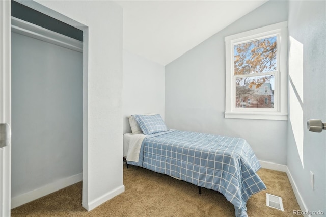 bedroom with lofted ceiling and carpet floors