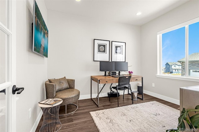 174 Rockingham Cir, Castle Pines, CO 80108 - office with dark wood-type flooring, baseboards, and recessed lighting