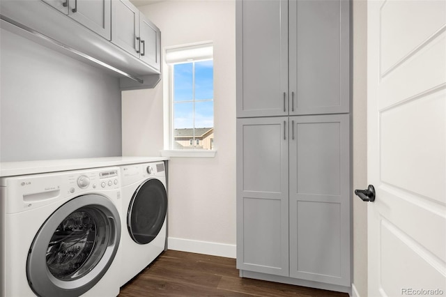 174 Rockingham Cir, Castle Pines, CO 80108 - clothes washing area with separate washer and dryer, baseboards, cabinet space, and dark wood-type flooring