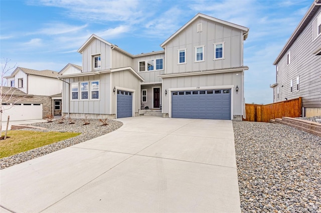 174 Rockingham Cir, Castle Pines, CO 80108 - modern farmhouse featuring board and batten siding, driveway, an attached garage, and fence