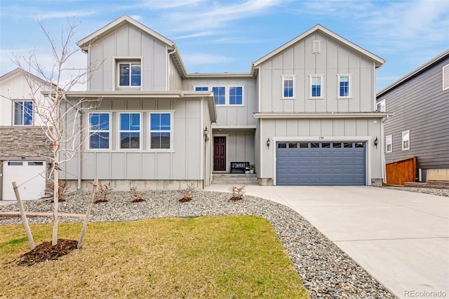 174 Rockingham Cir, Castle Pines, CO 80108 - modern farmhouse featuring board and batten siding, a garage, concrete driveway, and a front lawn