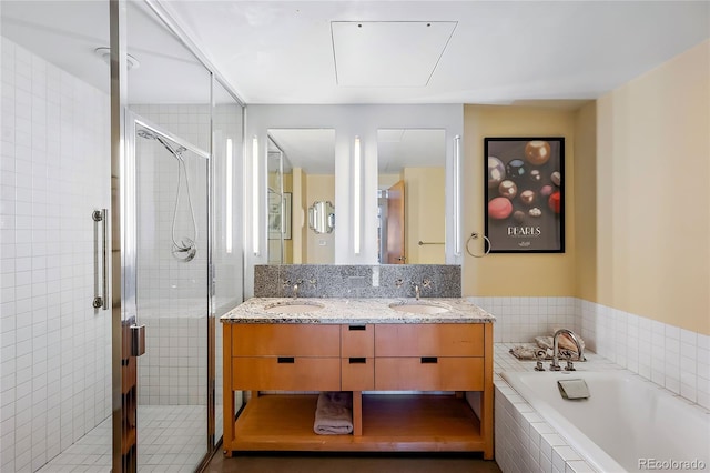 bathroom with separate shower and tub and vanity