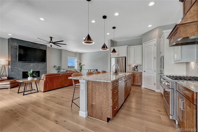 kitchen featuring a kitchen bar, stainless steel appliances, ceiling fan, light wood-style floors, and custom exhaust hood