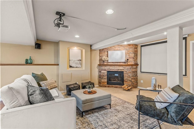 living room featuring recessed lighting, carpet floors, baseboards, and a stone fireplace