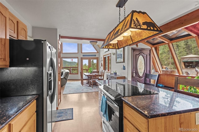 12191 Tecumseh Trl, Conifer, CO 80433 - kitchen with stainless steel appliances, light wood-style floors, dark stone counters, and a kitchen island