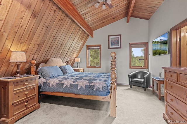 12191 Tecumseh Trl, Conifer, CO 80433 - bedroom featuring light carpet, wood ceiling, and ceiling fan