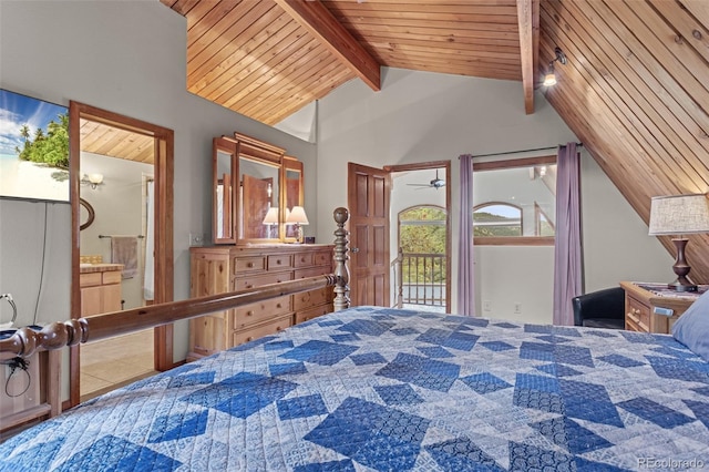 12191 Tecumseh Trl, Conifer, CO 80433 - bedroom featuring wooden ceiling, access to exterior, and ensuite bath